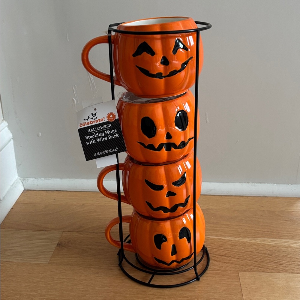 HALLOWEEN nwt 13-Ounce Orange Pumpkin Stoneware Stackable Mug Set with Iron Rack